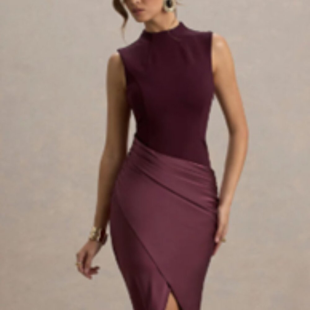 Club London Dark Cherry Satin High Neck Midi Dress